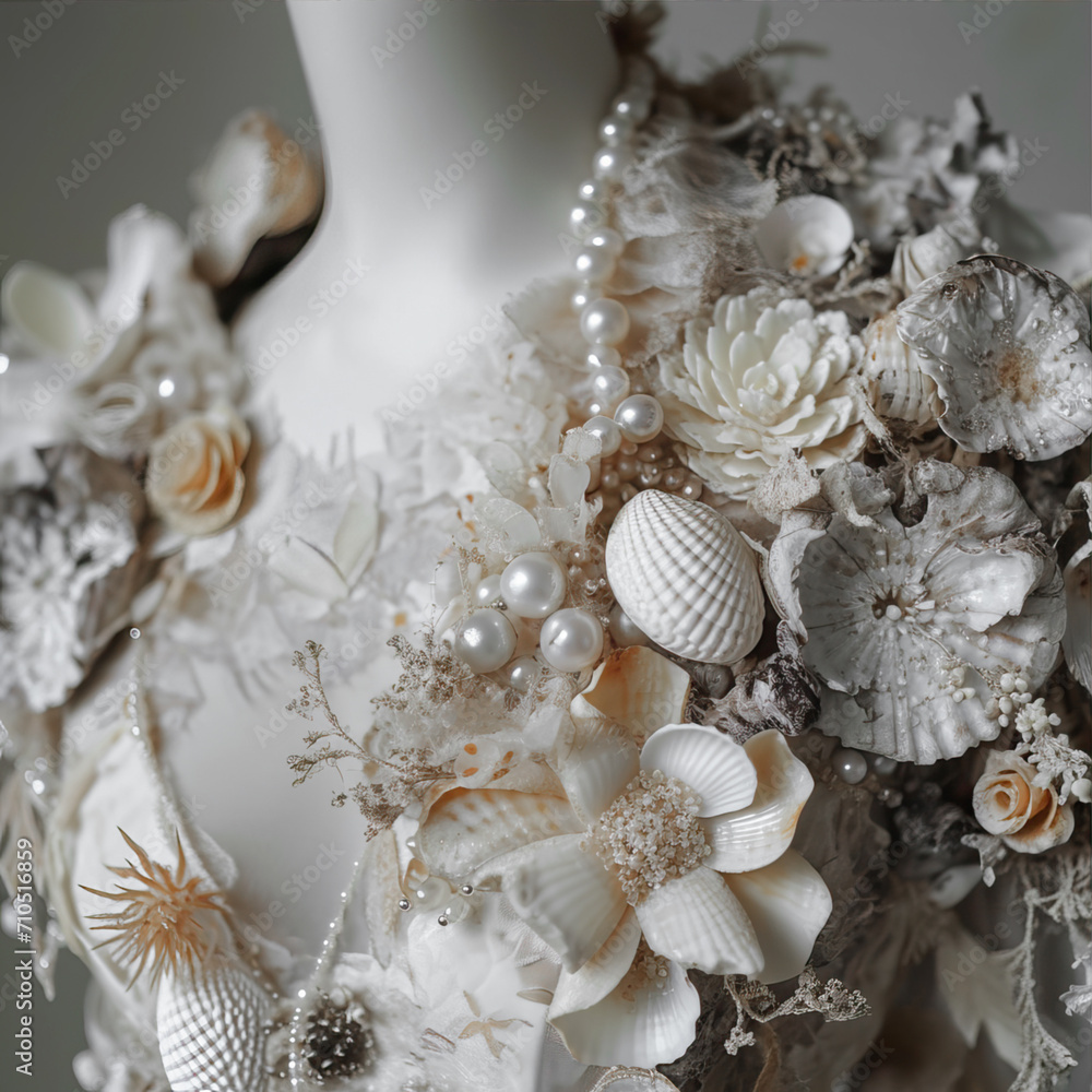 Mannequin covered with shells, pearls and flowers
