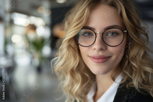 A beautiful girl with glasses with curly hair sits and looks at the camera. close-up. smiling girl. Portrait during the day.