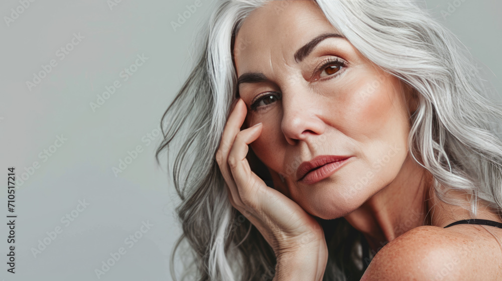 Mature woman with long silver hair poses thoughtfully with her hand on her cheek Mature woman with long silver hair poses thoughtfully with her hand on her cheek