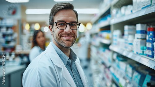 Male pharmacist is smiling at the camera with a pharmacy shelf in the background, and a colleague is slightly out of focus behind him.