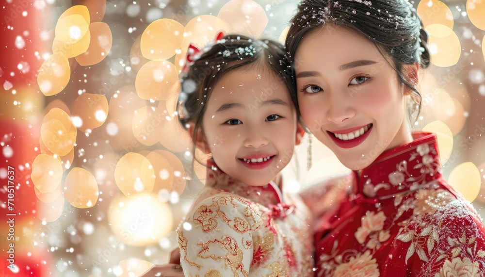 Mother smiling with daughter in the winter with snow