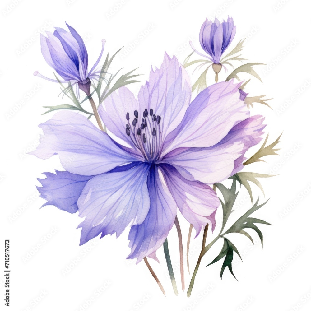 Fototapeta premium Nigella flower watercolor illustration. Floral blooming blossom painting on white background