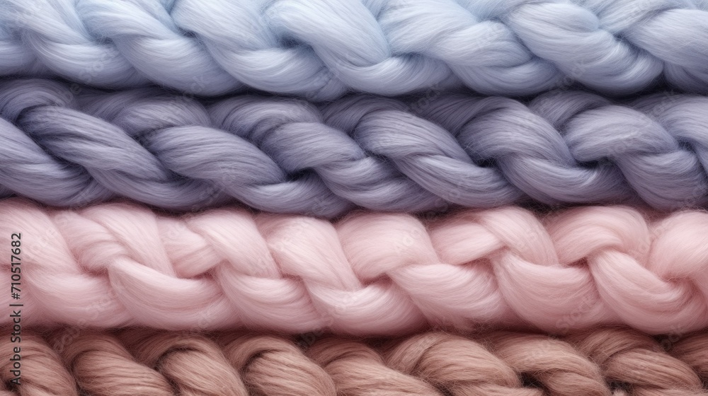 Soft Pastel Colored Giant Yarn Braids. Close-up of thick braided yarn in soft pastel shades of pink, gray, and beige for crafts and knitting.