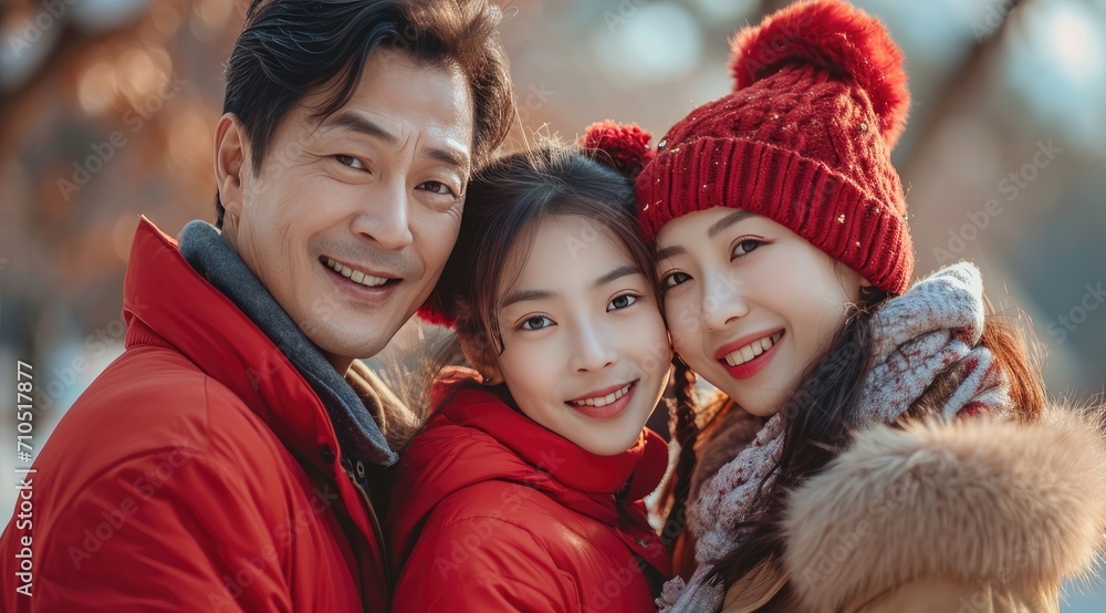 Asian smiling parents with kid wearing red new year clothes Asian smiling parents with kid wearing red new year clothes