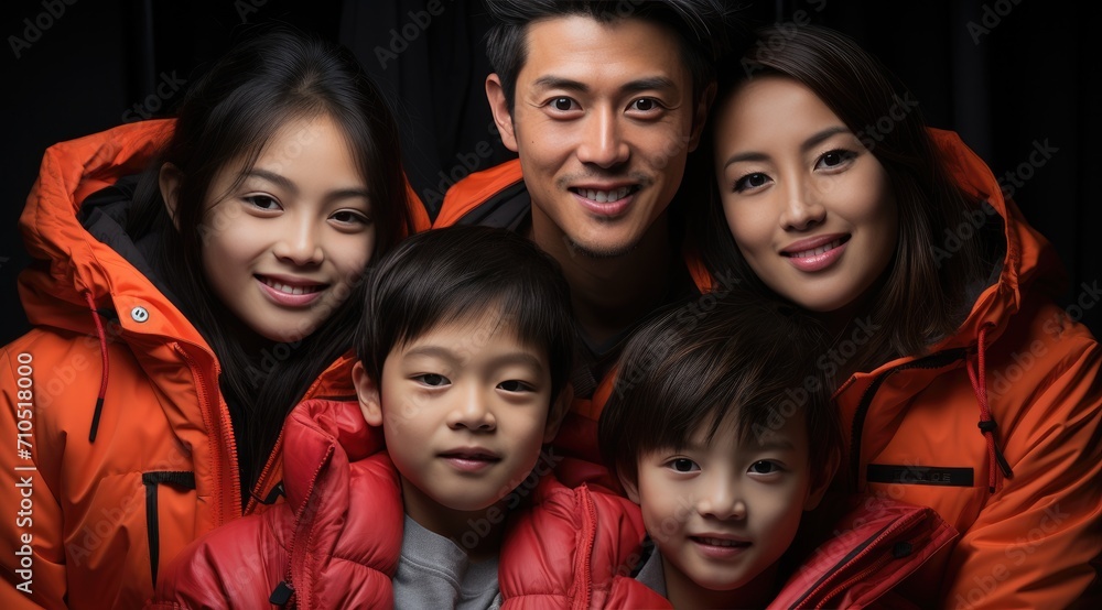Obraz premium Asian smiling parents with kid wearing red new year clothes