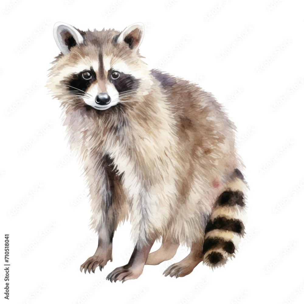 Raccoon watercolor illustration. Painting of forest animal on white background