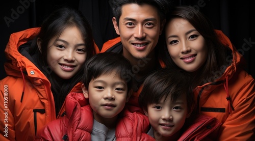 Asian smiling parents with kid wearing red new year clothes © hakule