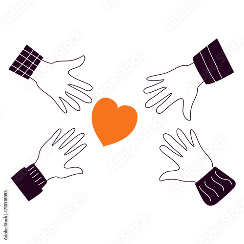 Human hands with hearts.Charity and donation.Hands doodle style.Voluntary and donation.Social help.Volunteer shares empathy and support for needy person.Social aid .Take care love.Charitable concept.