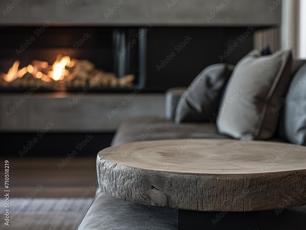 Elegant Minimalist Interior Design of Modern Living Room with Rustic Round Coffee Table, Grey Bench and Sleek Fireplace in a Luxurious Loft Setting, Highlighting Refined Comfort and Stylish Home Decor