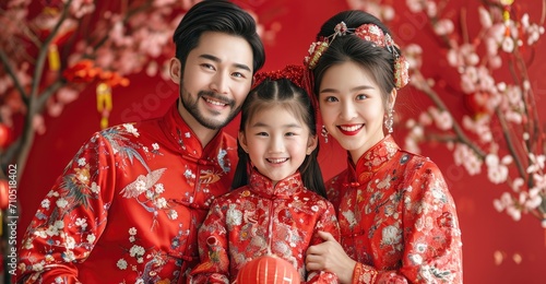 happy vogue fashion Chinese family wearing traditional clothes