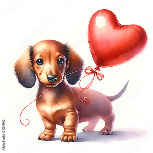 cute valentine puppy with red heart balloon watercolor illustration. photo