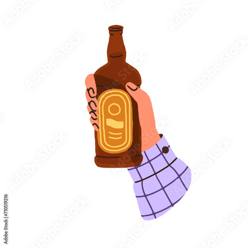 Beer in glass bottle. Hand holding pint, alcohol drink. Arm raised up with cold alcoholic craft beverage, celebrating holiday in pub. Flat vector illustration isolated on white background