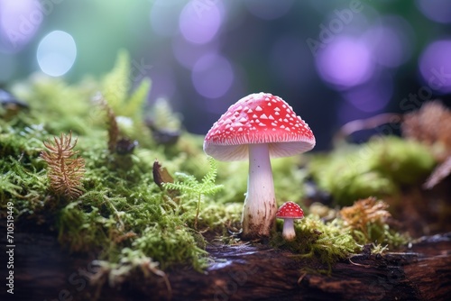 Enchanting Red Spotted Mushrooms Emerging from Mossy Forest Floor - Generative AI