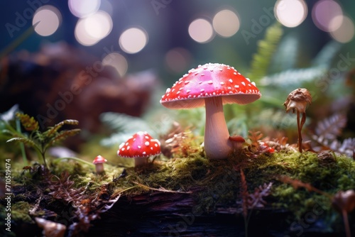 Enchanting Red Spotted Mushrooms Emerging from Mossy Forest Floor - Generative AI