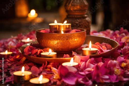 burning candles and pink colorful flower petal in spa pool or bath closeup. Relaxing atmosphere  treat yourself concept. Island resort hotel service.