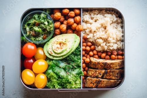 healthy lunchbox closeup flat lay above view. Vegan and vegetarian lifestyle and diet. Vegetables, cereal, avocado, fruit, ingredient for lunch. 