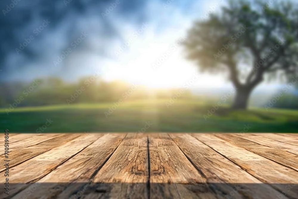 Wooden board empty table in front of blurred background. Perspective brown wood over blur trees in forest can be used mock up for display or montage your products. generative ai.