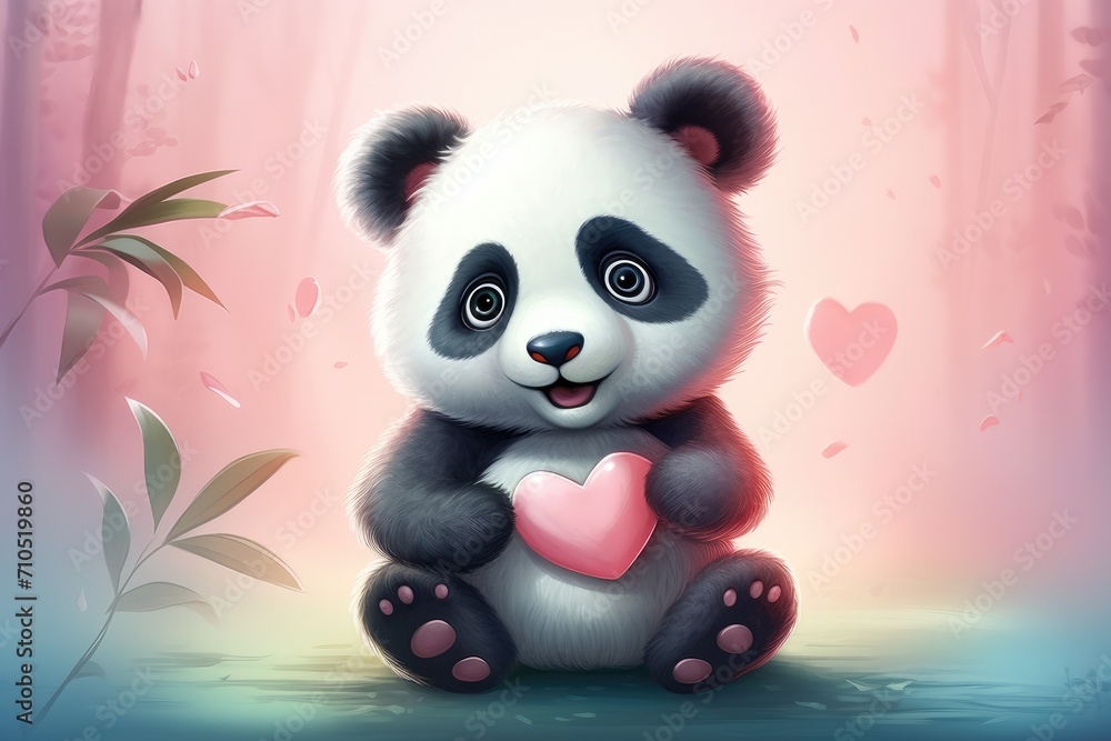 Adorable Panda Bear Holding a Pink Heart in a Love-Filled Illustration - Generative AI Adorable Panda Bear Holding a Pink Heart in a Love-Filled Illustration - Generative AI