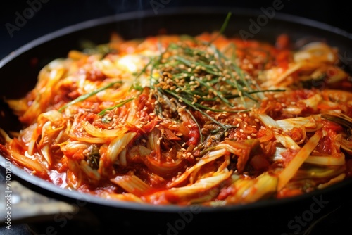 kimchi traditional korean spicy dish closeup at izakaya or fusion restaurant. Fermented food,