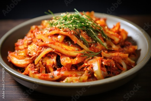 kimchi traditional korean spicy dish closeup at izakaya or fusion restaurant. Fermented food,
