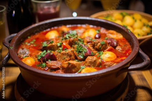 puchero spanish traditional dish closeup at family dinner or at restaurant. Hot winter soup, comfort food. 