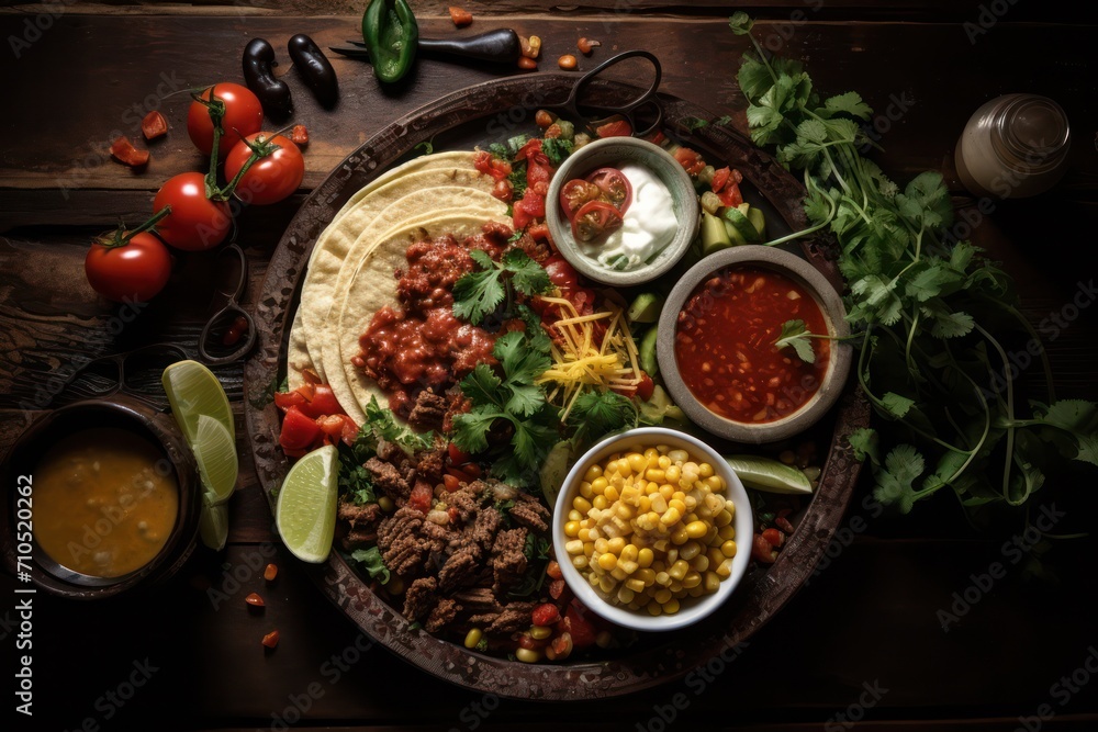 Texas Mexican spicy food at restaurant flat lay. Tacos, quesadilla, sauce, corn, tortilla dish. Tex Mex menu.