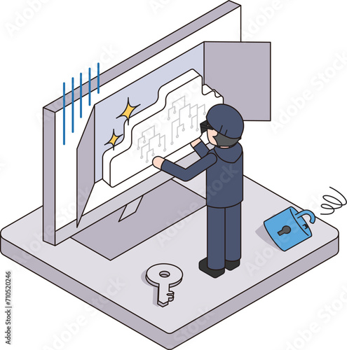 サイバー攻撃をされてデータが盗まれたクラウドのアイソメイラスト