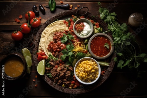 Texas Mexican spicy food at restaurant flat lay. Tacos, quesadilla, sauce, corn, tortilla dish. Tex Mex menu. photo