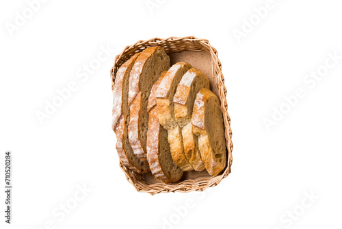 Freshly baked bread slices on basket isolated on white background. top view Sliced bread