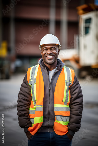 Portrait of an African male worker outside a loading bay, wearing a reflective jacket [1] © EyeconicMedia