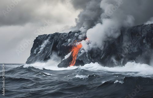 Volcano eruption - lava flows into the sea, steam and smoke - natural disaster
