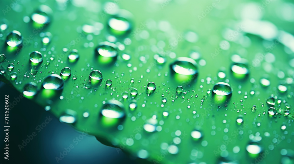 Closeup of water drops sliding on wet surface. Green background. Generative AI Closeup of water drops sliding on wet surface. Green background. Generative AI