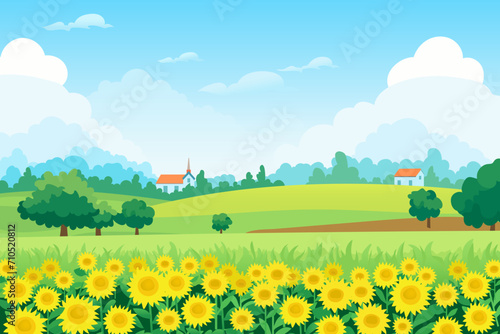 Beautiful rustic sunflower landscape with a backdrop of green fields and meadows, hills, trees, houses, a farm and an amazing blue sky with stunning clouds. Vector illustration for design. #710520812