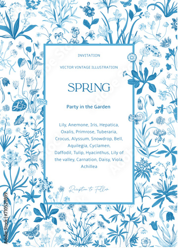 Spring. Invitation. Vintage vector botanical illustration. Blue and white 