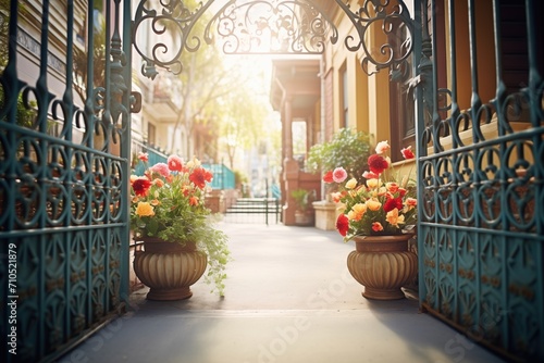 ornate iron gates opening to a sunlit courtyard with flowers photo