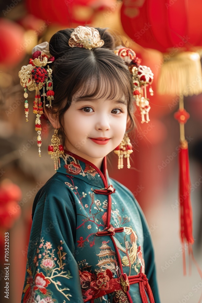beauty smiling Chinese girl wearing new year traditional clothing celebrating the traditional activities of Spring Festival