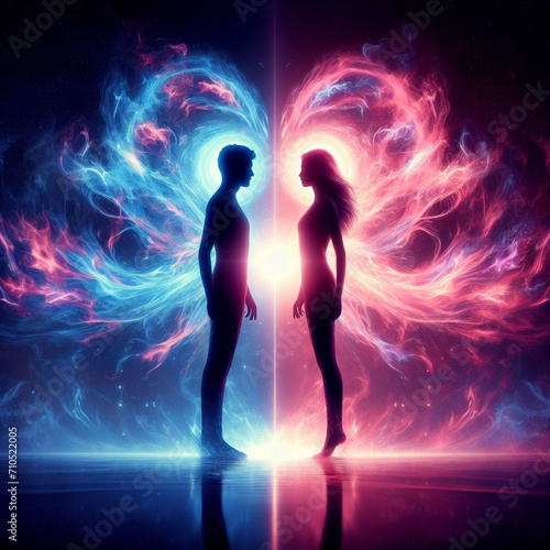 Twin flame couple. Soulmates. The concept of magical, esoteric, tantric, spiritual love. Connection between souls. Illustration for websites and much more. Created using generative ai tools