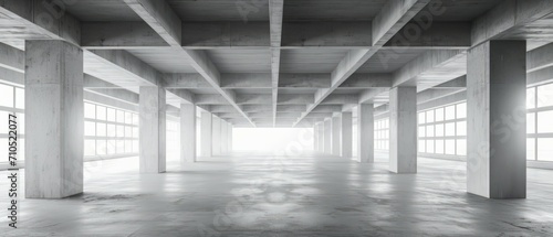 Empty underground parking background in modern building with concrete white walls with sunlight going through ceiling skylight portal, Template 3d rendering. Generative ai photo