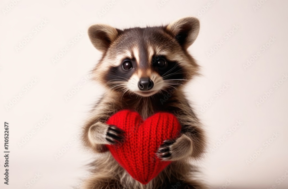 Valentine's scene: A cute raccoon playfully turns a red knitted heart in its paws on a light background. Valentine's scene: A cute raccoon playfully turns a red knitted heart in its paws on a light background.