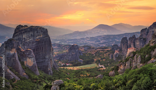 View of Meteora, a rock formation with a complex of Orthodox Monastery in the regional unit of Trikala, Thessaly, Greece. photo