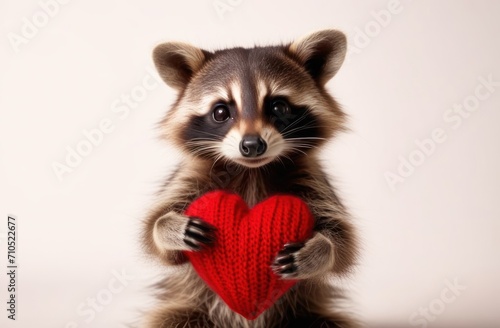 Valentine's scene: A cute raccoon playfully turns a red knitted heart in its paws on a light background. © Julija AI