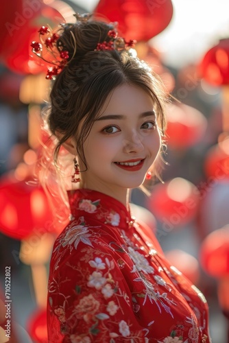 beauty smiling Chinese girl wearing new year traditional clothing celebrating the traditional activities of Spring Festival