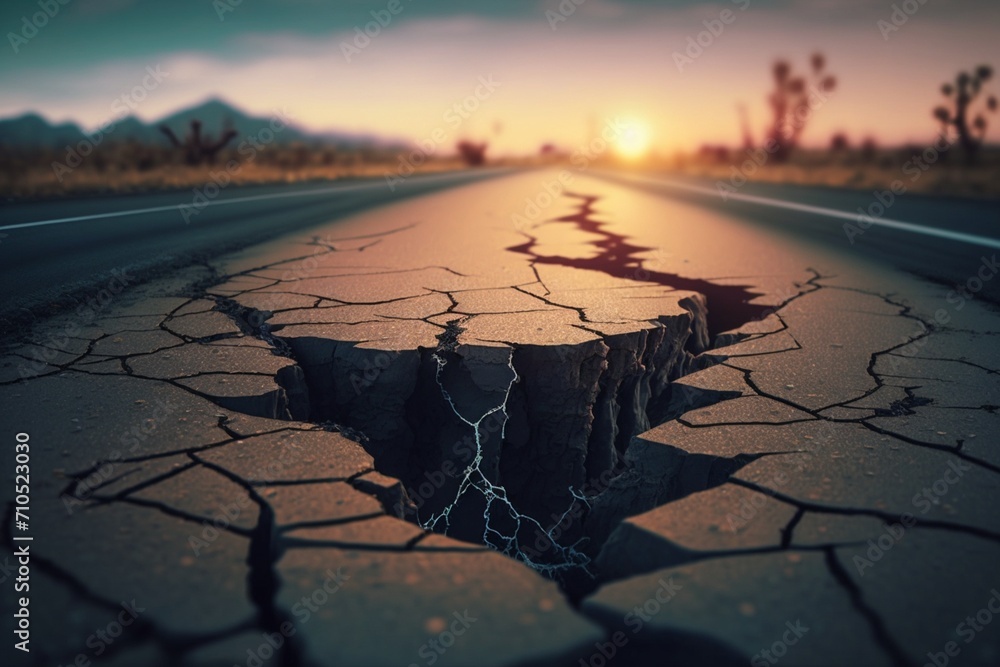 Nature's Fury Unleashed: Aftermath of an Earthquake, Earth Split and Road Cracked Wide Open. A 