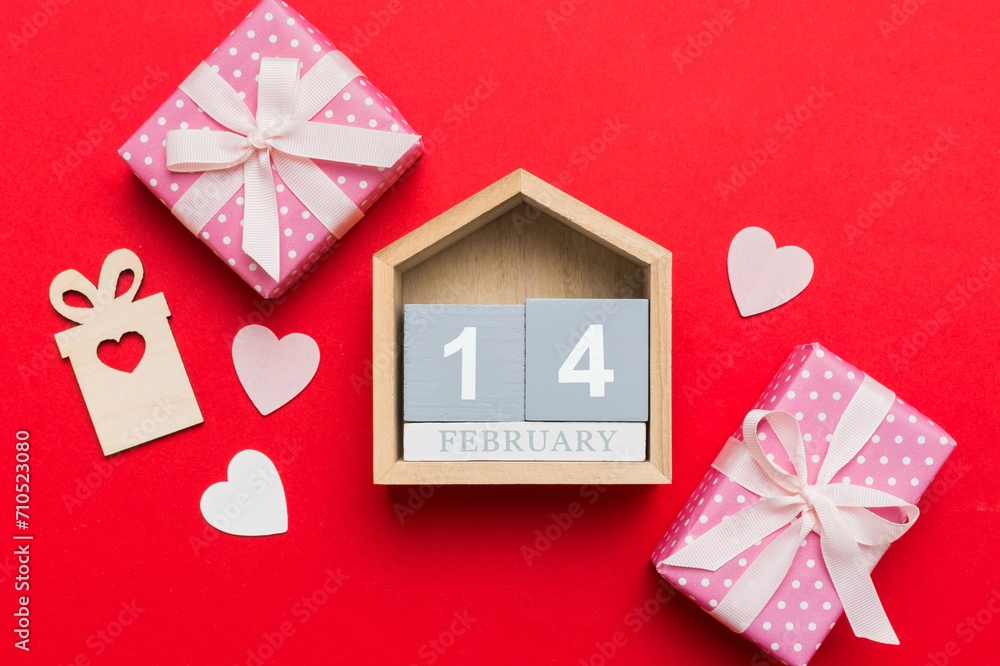 Valentine Day theme with wooden block calendar. Greeting card template for Valentines Day copy space for text Valentine Day theme with wooden block calendar. Greeting card template for Valentines Day copy space for text
