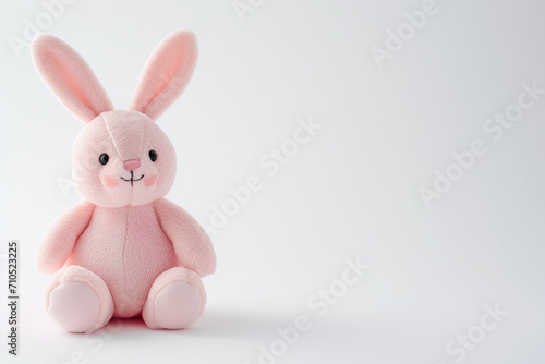 Pastel Pale Pink Easter bunny rabbit soft babies toy with blank empty space for baby new mom or nursery product or text mockup banner, plain white simple chic natural backdrop background 