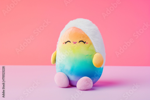 Cute Rainbow Easter Egg soft kid plushie toy with blank empty space for baby POD product or text mockup, plain peach pink kawaii fun backdrop background 