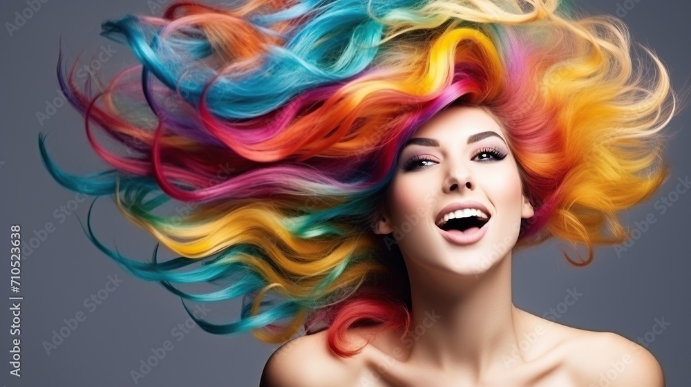 Beauty Model Girl with Colorful Rainbow Hairstyle, Girl with perfect Makeup and Hairstyle.