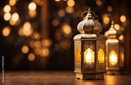 Ornate Lanterns Aglow on Enchanted golden bokeh background through Delicate Islamic Lantern Patterns with copy space, eid al fitri, isra mi'raj, eid al adha