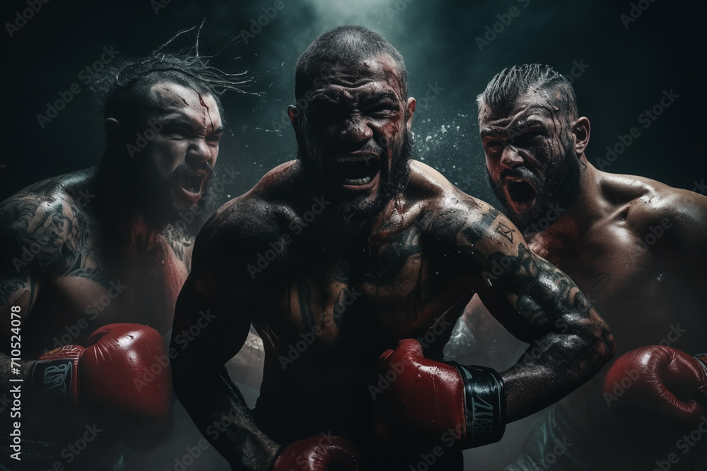 emotional MMA-themed poster: boxers shrouded in fog stand against a dark background - obrazy, fototapety, plakaty 