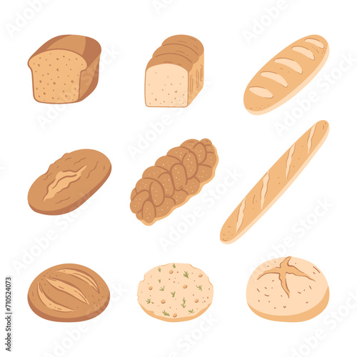 Set of hand drawn types of bread. Simple illustration isolated on white background. Design elements for label, menu, bakery